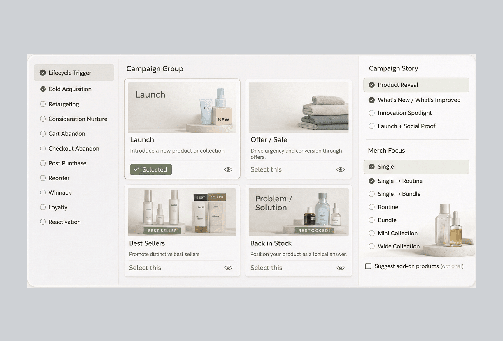 Product demo — lifecycle trigger, campaign group, and campaign story configuration